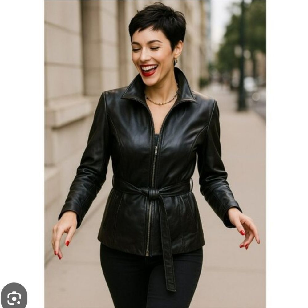 EGO Black Italian Lambskin Leather Belted Jacket With Zip Out Liner Sz M